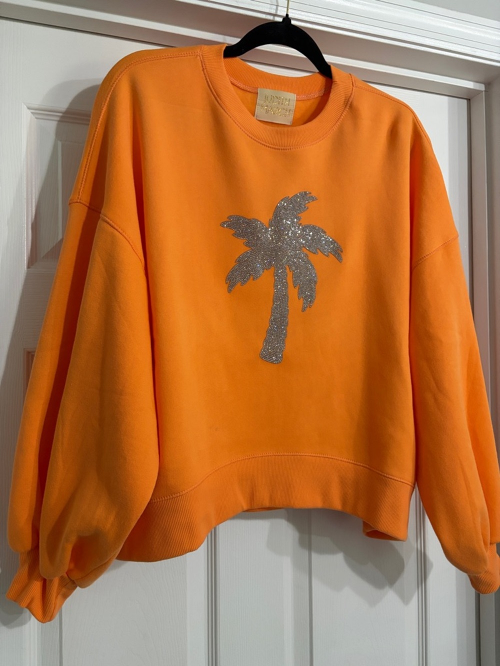 Judith March Rhinestone Palm Tree Crewneck, Coral Size M